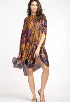 Rochie de plaja tip poncho din matase cu motive orientale pe fond bleumarin imagine