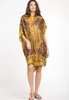 Rochie de plaja tip poncho din matase cu motive orientale pe fond galben auriu imagine