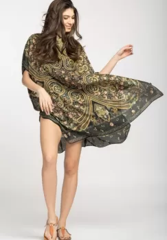 Rochie de plaja tip poncho din matase cu motive orientale pe fond negru imagine