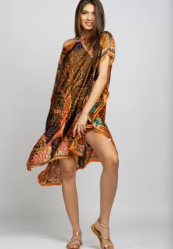 Rochie de plaja tip poncho din matase cu Pomul Vietii pe fond portocaliu imagine