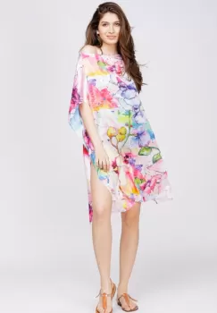 Rochie de plaja tip poncho din matase cu reproducere dupa o pictura celebra cu flori pastelate imagine