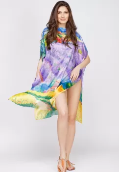Rochie de plaja tip poncho din matase cu reproducere dupa o pictura cu campuri de lavanda imagine