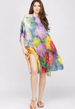 Rochie de plaja tip poncho din matase cu reproducere dupa o pictura impresionista imagine