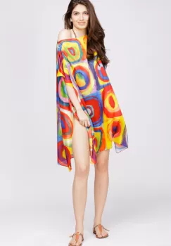 Rochie de plaja tip poncho din matase cu reproducere dupa pictura moderna a lui Kandinsky imagine