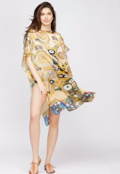 Rochie de plaja tip poncho din matase cu reproducere dupa Pomul Vietii - Gustav Klimt imagine