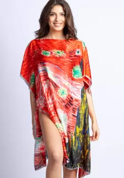 Rochie de plaja tip poncho din matase cu stilizare Noaptea Instelata pe fond rosu imagine