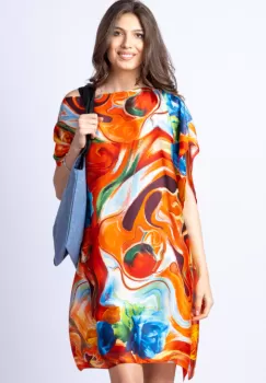 Rochie de plaja tip poncho din matase cu trandafiri albastri pe fond orange imagine