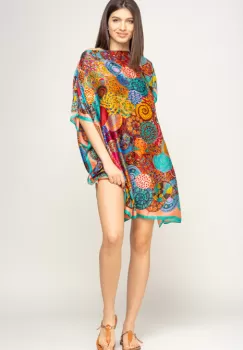 Rochie de plaja tip poncho din matase imprimat cu mandale multicolore cu turcoaz si corai pe margine imagine