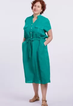 Rochie de vara midi din in cu buzunare si siret in talie, turcoaz imagine