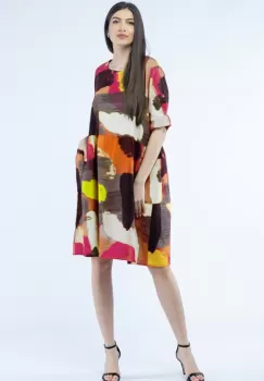 Rochie de vara midi din in, cu imprimeu pictural pe fond alb imagine