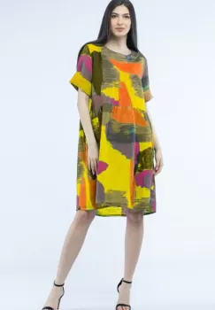 Rochie de vara midi din in, cu imprimeu pictural pe fond galben imagine