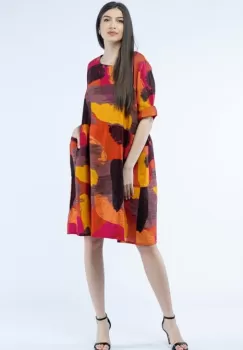 Rochie de vara midi din in, cu imprimeu pictural pe fond portocaliu imagine