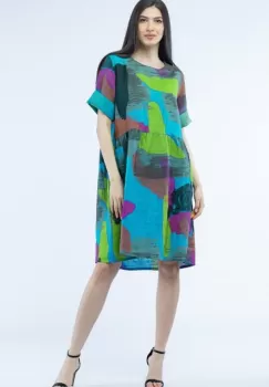 Rochie de vara midi din in, cu imprimeu pictural pe fond turcoaz imagine