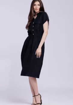 Rochie de vara midi din in cu siret in talie, bleumarin imagine