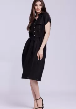 Rochie de vara midi din in cu siret in talie, neagra imagine