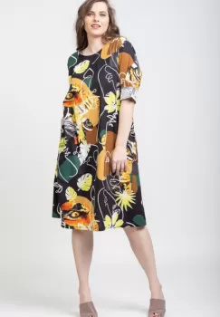 Rochie din bumbac cu imprimeu abstract pe fond negru imagine