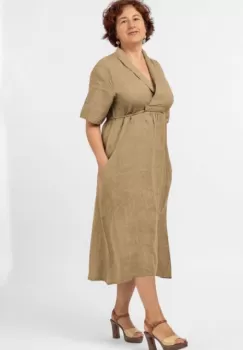 Rochie din in, cu decolteu in V si siret sub bust, camel imagine