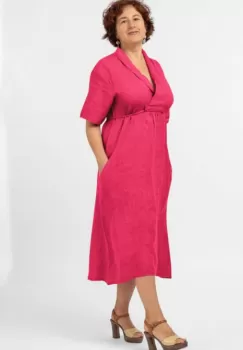 Rochie din in, cu decolteu in V si siret sub bust, fucsia imagine