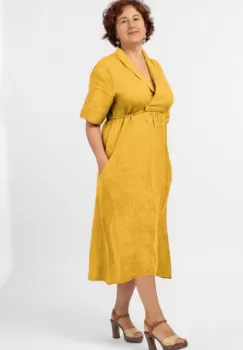 Rochie din in, cu decolteu in V si siret sub bust, mustar imagine