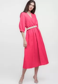 Rochie din in cu maneca sparta si bust petrecut, fucsia imagine