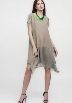 Rochie din in cu volan din matase naturala si colturi, bej inchis imagine