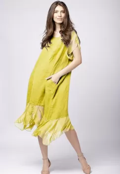 Rochie din in galbena cu volane din matase la maneci si poale imagine
