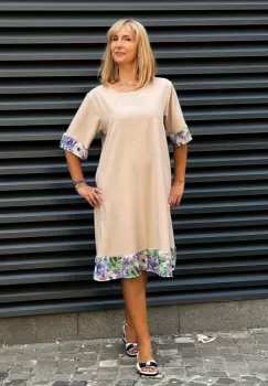 Rochie din in mercerizat cu volanas imprimat si funda spate, bej imagine