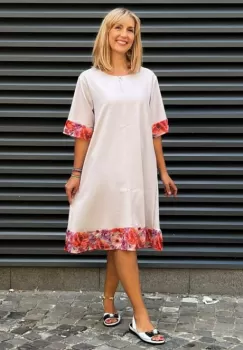 Rochie din in mercerizat cu volanas imprimat si funda spate, gri deschis imagine