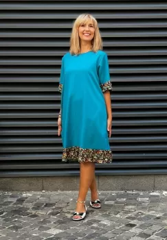 Rochie din in mercerizat cu volanas imprimat si funda spate, turcoaz imagine