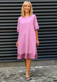 Rochie din in mercerizat cu volanas si funda spate, lila imagine