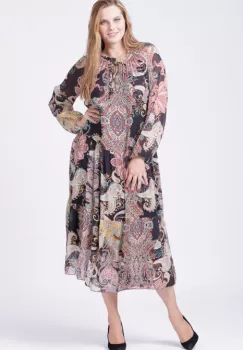 Rochie din matase naturala, cu doua volane si imprimeu arabesque pe fond negru imagine