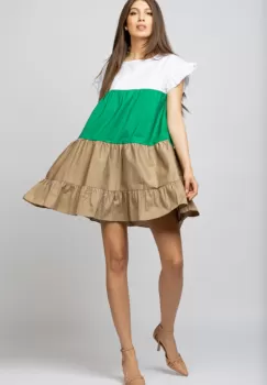 Rochie din poplin de bumbac cu trei volane colorate bej - verde - alb imagine