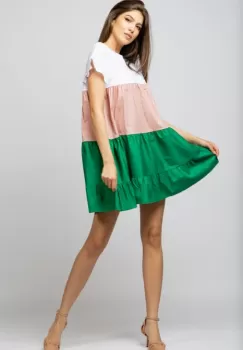 Rochie din poplin de bumbac cu trei volane colorate verde - roz - alb imagine