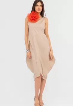 Rochie din poplin de bumbac petrecuta, cu colturi laterale, bej imagine