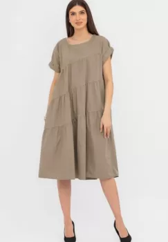 Rochie din poplin satinat cu volane oblice, bej inchis imagine