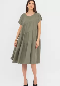 Rochie din poplin satinat cu volane oblice, kaki imagine