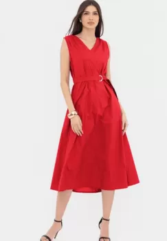 Rochie din poplin satinat de bumbac cu cordon in talie, rosie imagine