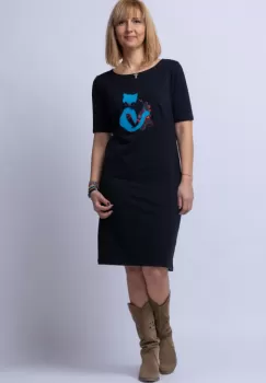 Rochie din tricot de bumbac neagra cu doua pisici aplicate pe piept imagine