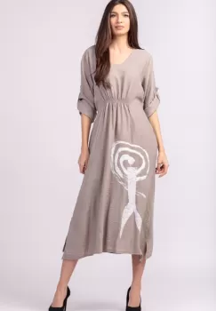 Rochie din vascoza bej, cu elastic sub bust si imprimeu imagine