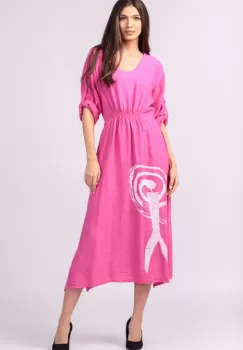 Rochie din vascoza fucsia, cu elastic sub bust si imprimeu imagine