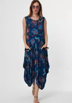 Rochie fara maneci albastra, lalea, in colturi, cu imprimeu, din vascoza imagine