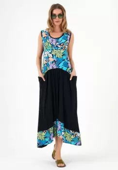 Rochie fara maneci, cu imprimeu turcoaz-lila, din vascoza imagine