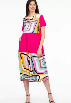 Rochie fucsia cu platca si doua volane, imprimeu dungi, din bumbac imagine