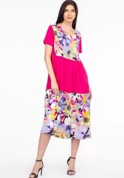 Rochie fucsia cu platca si doua volane, imprimeu flori mari, din bumbac imagine