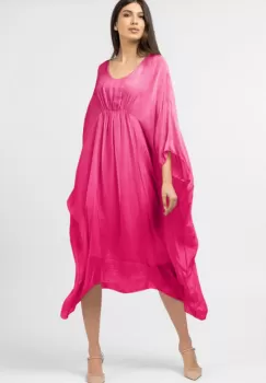 Rochie fucsia in colturi, lunga, ampla, din matase naturala, cu detaliu sub bust imagine