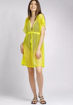 Rochie galben neon de plaja din plasa, cu snur si despicaturi laterale imagine