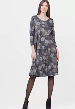 Rochie gri A line midi cu imprimeu flori albe, din jerseu de vascoza cu lurex imagine