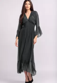 Rochie gri antracit din matase naturala cu banda elastica in talie si volane imagine