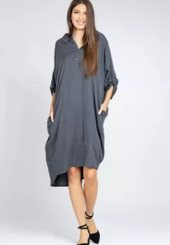 Rochie gri Stella Milani din tencel, cu inel metalic pe spate imagine