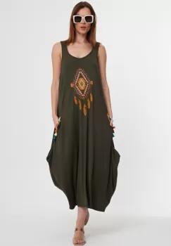 Rochie kaki fara maneci, cu broderie, din tricot de vascoza imagine